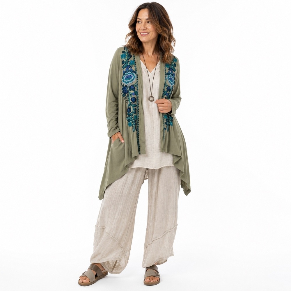 JWLA‎ Johnny Was Green Floral Embroidered Open Front waterfall Cardigan Small
